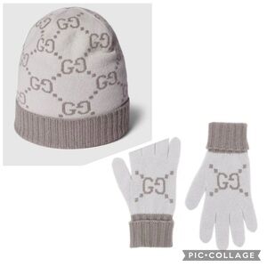 GG cashmere jacquard beanie hat & Gloves Set. NWT.